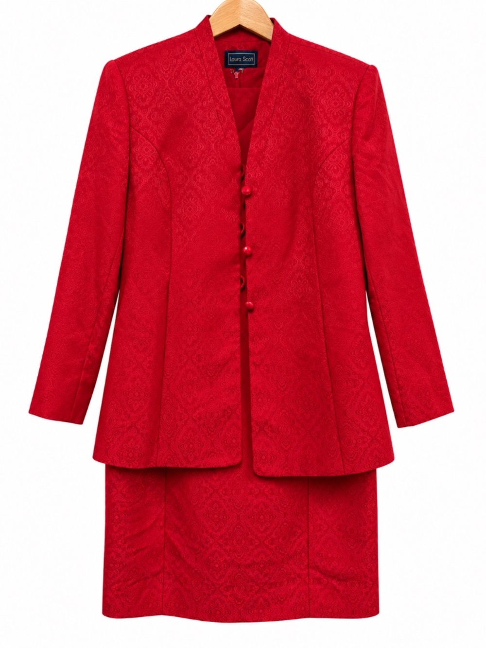 Laura Scott Red Jacquard 2 Piece Dress Jacket Suit Set Size 14